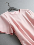 Pink slim temperament waist round neck Kochi  high sense round neck short sleeve medium long dress women's dress L810