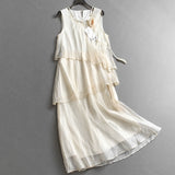 Solid color stacked three-dimensional flower beaded round neck sleeveless vest skirt Korean gentle wind women's long dress dress X975