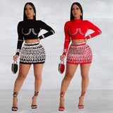 2025 C7128    Popular and  Fashion Women's Clothing Long Sleeve Sexy Hip Wrap Short Skirt Hot Diamond Two-piece Set