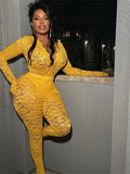 new New fashion solid color slim-fitting sexy lace hollow deep V perspective long-sleeved top trousers set