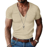 KKBOXLY 2025 popular summer men's versatile corduroy T-shirt trendy  flow sports and leisure V-neck slim-fitting short-sleeved men