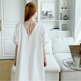 Solid color round neck back lace-up dress loose casual comfortable skin-friendly court style summer half-sleeved long nightdress women