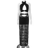 2025 F25DS004  sexy  new slim-fit hollow backless fashion black lace see-through dress