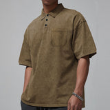 KKBOXLY 2025 popular summer new lapel button T-shirt men's retro washed heavy short-sleeved loose casual top men's