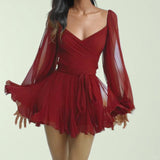 2025 women's dress Sexy Spice Girl Hollow Lantern Sleeve V-Neck Off-Shoulder Dress Women 661