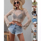 2025 New spring and summer, 's new  knitted sweaters, flared sleeves, loose Popular trade round neck hollow sweater women