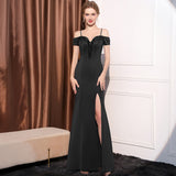 2025 Evening dress dress woman's one-word shoulder slim and thin banquet temperament simple celebrity banquet dinner long fishtail skirt