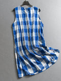 Blue plaid loose and thin pure cotton round neck Japanese literary sleeveless pinch pleated vest skirt women's dress dress X545
