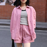 Loose casual linen cotton set  spring and summer Korean version solid color shirt lapel cardigan shorts two-piece set