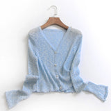 I862 solid color threaded elastic ice-feeling thin short outer air-conditioned shirt summer new long-sleeved women's knitted sweater