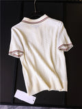 Contrasting color striped lapel embroidery retro twisted flower ice feeling skin-friendly  summer new short-sleeved women's knitted sweater Z310