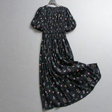 Floral shrunken pleats elastic waist slim slim body round neck lantern sleeves a word long skirt short sleeve women's dress dress Z056