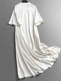 Solid color loose pleated thin cotton and linen long dress summer new temperament V-neck short-sleeved shirt dress dress X829