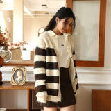 Contrasting striped knitted cardigan women's clothing design sense single-breasted spring and autumn top lazy casual long-sleeved woolen jacket