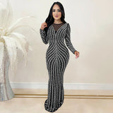 2025 C7176    Popular and  Fashion Women's Clothing Hot Diamond Slim-fit Long Dress Long Sleeve Mesh Dress