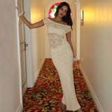 2025 F24DS396 INS  style  spring new women's clothing lace sexy slim solid color off-the-shoulder dress