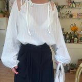 Sweet and spicy style pure cotton shirt summer women's clothing round neck solid color shoulder hollow sunscreen clothing design bubble sleeve top