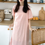Solid color cotton simple macaron color home nightdress spring new soft and skin-friendly can be worn outside round neck long dress