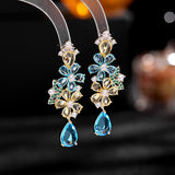 2025 New colored zircon earrings in summer 2023, colored crystal zircon long earrings, women's fresh flower earrings.