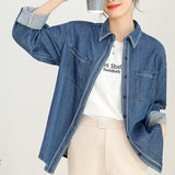 Hong Kong style denim suit shirt spring and summer new work commuting daily fashion retro blue stacked shirt