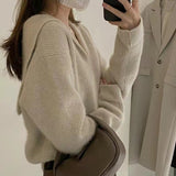 Navy collar knitted cardigan jacket women's clothing autumn and winter new lazy style solid color top design zipper knitted sweater