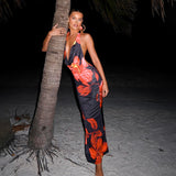 2025 D24DS158  women's clothing summer new sexy swinging neck halter flower printing slim-fitting long dress