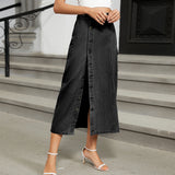 kkboxly  Single Breasted Button Split Denim Midi Skirt, Slant Pockets Non-Stretch Denim Skirt, Women's Denim Clothing