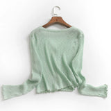 I862 solid color threaded elastic ice-feeling thin short outer air-conditioned shirt summer new long-sleeved women's knitted sweater