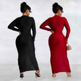 2025 C7118     fashion women's clothing slim-fitting v-neck split-ended solid color dress new