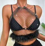 2025  LH4216 2025 New hot-selling rhinestone inlaid small grid fishing net fashion backless neck wrap top vest