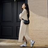 Hooded wool knitted dress spring and autumn new women's single-breasted long dress lazy side split long-sleeved skirt