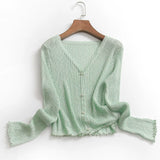 I862 solid color threaded elastic ice-feeling thin short outer air-conditioned shirt summer new long-sleeved women's knitted sweater