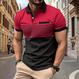 KKBOXLY 2025 Hot trade new men's casual POLO shirt chest pocket V-neck button striped color matching T-shirt
