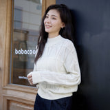 Hollow grid sweater women's spring and autumn new design sense solid color top threaded semi-turtleneck long-sleeved knitted sweater women