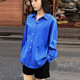 Klein blue cotton shirt women's  spring and summer loose casual cardigan top Korean version lapel long-sleeved shirt