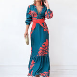 2025 popular  Autumn  Women's Fashion Button V-Neck Elegant Printed Waist Lace-up Pendulum Dress
