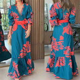 2025 popular  Autumn  Women's Fashion Button V-Neck Elegant Printed Waist Lace-up Pendulum Dress