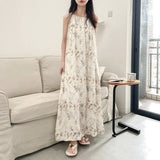Designer original design linen suspender skirt, heavy industry niche cotton and linen A-shaped long skirt printed lace-up dress