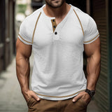 KKBOXLY 2025 Summer New Men's Casual T-Shirt Men's  n Heavy Waffle Crew Neck Button Versatile Solid Color Short Sleeve