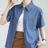 Customized fashion pure cotton denim shirt 2025 summer comfortable and versatile retro commuting temperament loose short-sleeved shirt