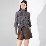 2025 hot-selling short coat for women's high-end spring new irregular pleated long-sleeved zipper versatile pleated top