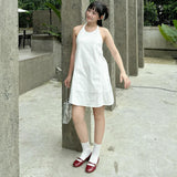 Ramie cotton neck dress women's summer new fresh and sweet backless short skirt solid color sleeveless suspender skirt