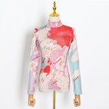 2025 Fashion personalized bottoming shirt women's  early spring new trend style turtleneck printing design sense long sleeve women's top