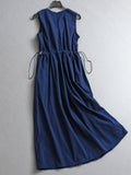 Solid color pinch pleated round neck wrinkled waist thin vest skirt summer new temperament commuter women's dress dress X057