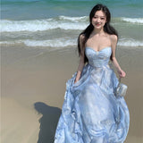 2025 Coffee break  blue suspender dress women's summer new seaside vacation beach dress sunset fairy skirt