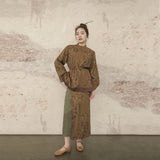 high-end stand-up collar lady printed rain and dew hemp medium and long shirt, national style retro wide-sleeved top S23050