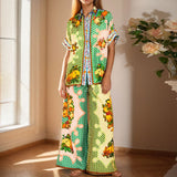 2025 popular autumn  women's clothing  printed short-sleeved shirt fashion casual straight two-piece set