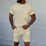 KKBOXLY 2025 popular  summer  trends Waffle crew neck men's suit summer two-piece set high-end trend