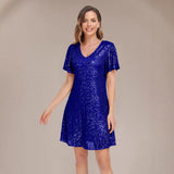 2025new multi-color shiny back zipper party short dress V-neck A-word elegant ball dress