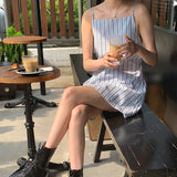 summer new one-word neck dress lace-up waist cotton and linen women's clothing striped sleeveless short suspender skirt women